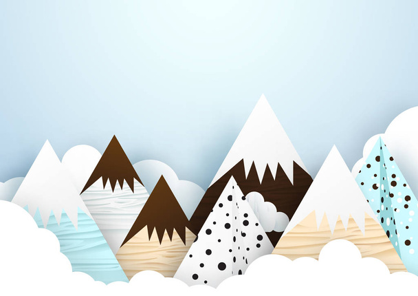 Cute mountain and cloud background. Paper art and origami style - Vektor, kép