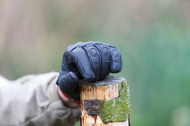 Una mano in un guanto militare su un palo di legno
. - Foto, immagini