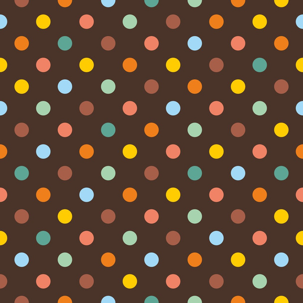シームレス パターンまたはテクスチャの暗い茶色の背景にカラフルな水玉模様 - ベクター画像