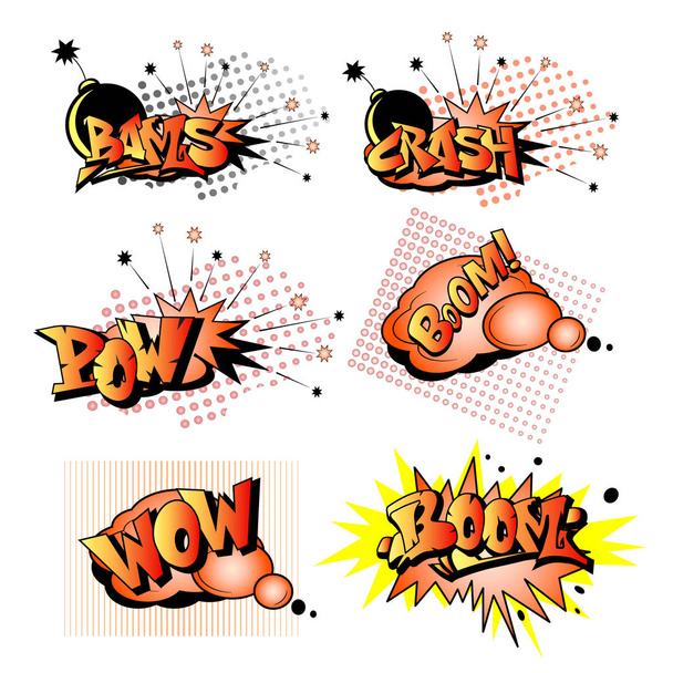  Elementi divertenti dei supereroi dei cartoni animati: crash, boom, wow, bams, p
 - Vettoriali, immagini