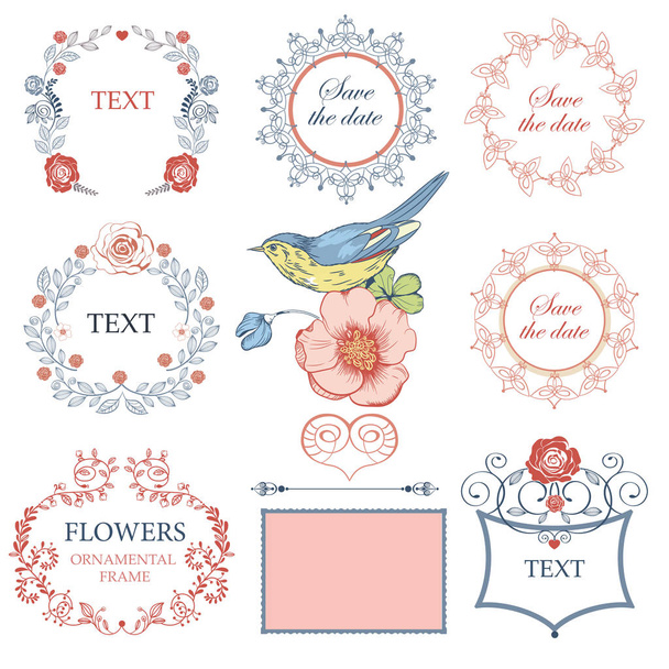 Набор свадебных цветочных рамок, декоративных элементов и птиц
.  - Вектор,изображение