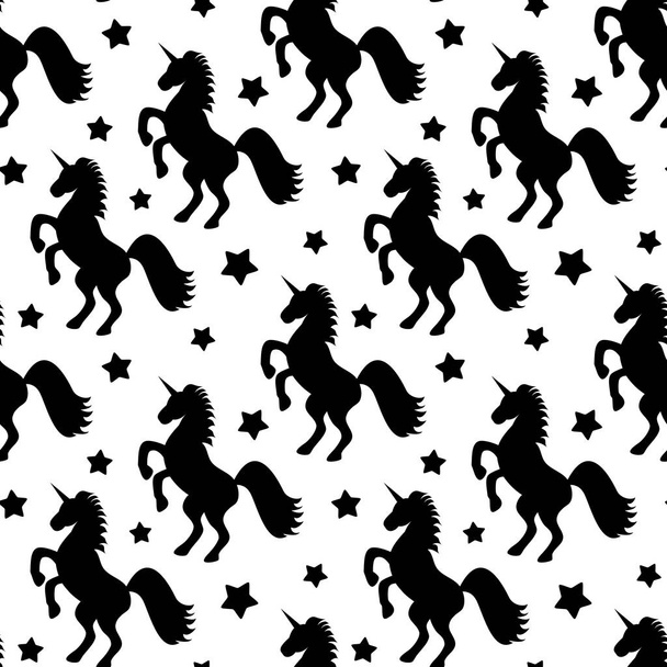 seamless vector pattern illustration with black stars and unicorns on white background - Vector, Image