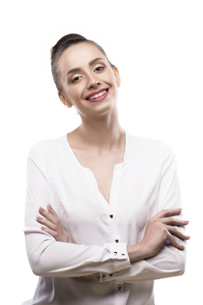 female portrait in a white office blouse on a white background - Foto, Imagem
