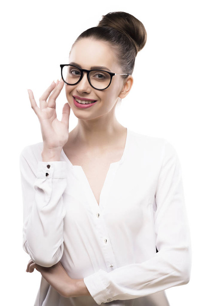 female portrait in glasses on a white background - Fotoğraf, Görsel