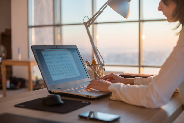Side view zdjęcie kobieta programisty za pomocą laptopa, pracy, pisania, przeglądania Internetu w miejscu pracy. - Zdjęcie, obraz