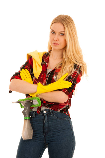 young blonde woman with yellow rubber gloves cleaning isolated o - Φωτογραφία, εικόνα