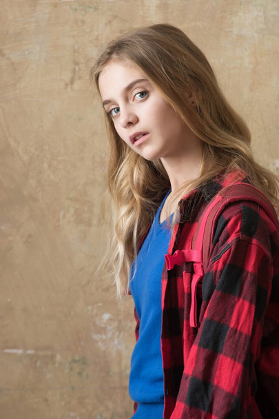 beautiful young girl in red checkered shirt - Foto, Imagem