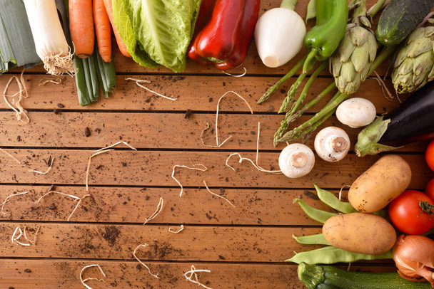 Assortment vegetables around a wood table top view - Foto, imagen