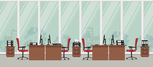 Salle de bureau. Il y a des tables brunes, des chaises rouges, des armoires pour documents, une imprimante sur fond de fenêtre
 - Vecteur, image