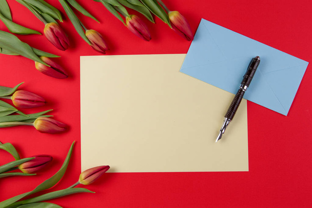 Lege kaart, pen, blauwe envelop en rode tulpen Lentebloemen op rode achtergrond. - Foto, afbeelding