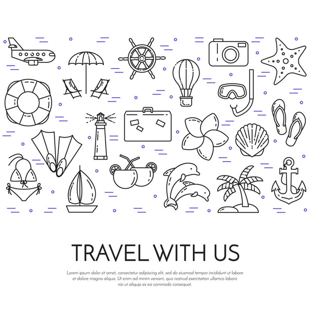 Traveling horizontal banner with palm on island, airplane, sailboat, beach, vacation icons - Vector, Image