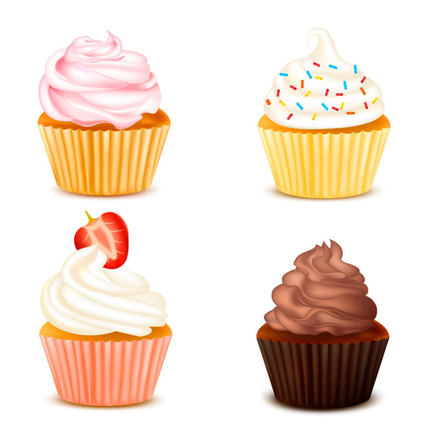 Ensemble isolé de quatre cupcakes colorés
 - Vecteur, image