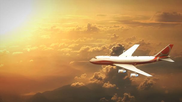 El avión está volando a través del cielo en la ilustración 3d puesta del sol
 - Foto, imagen