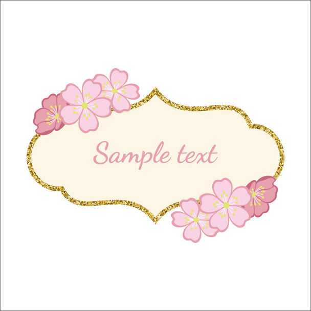 Golden glitter frame with branches of cherry blossoms.   - Vector, Image