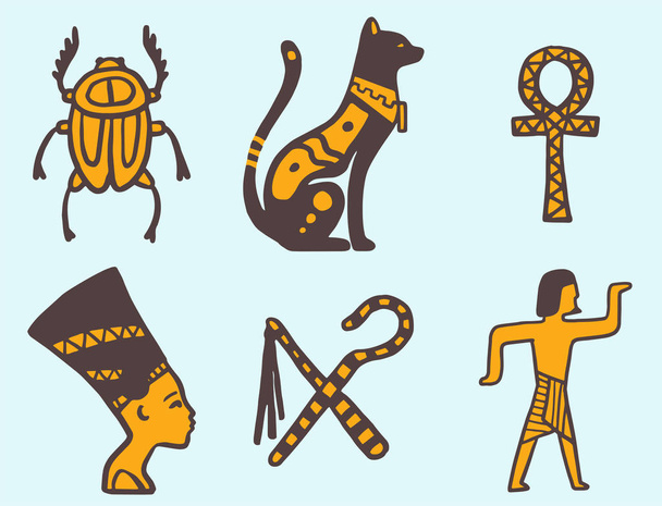 Ägypten Reise Geschichte Symbole handgezeichnet Design traditionelle Hieroglyphen Vektor Illustration Stil. - Vektor, Bild