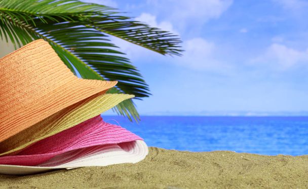 Літній піщаний пляж - різноманітність солом'яних капелюхів та місця для копіювання
 - Фото, зображення