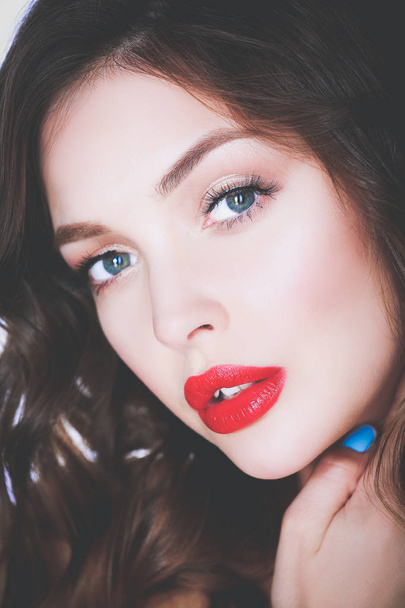 Beautiful woman skin with red lips on white background - Foto, Bild
