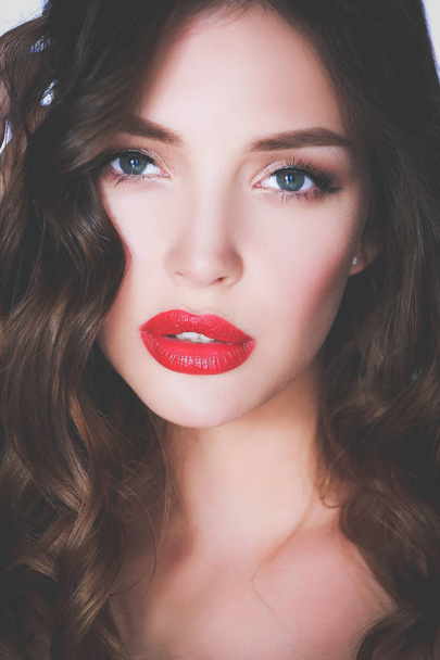 Beautiful woman skin with red lips on white background - Φωτογραφία, εικόνα