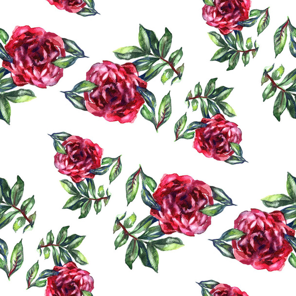 Pattern with watercolor realistic rose, peony and butterflies. Illustration. - Photo, Image