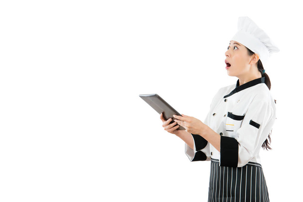 beautiful chef surprised looking blank copyspace - Photo, image