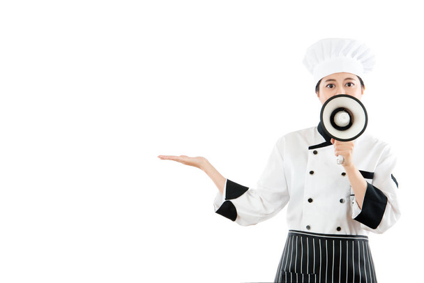 professional chef open her hand to making gesture - Foto, immagini