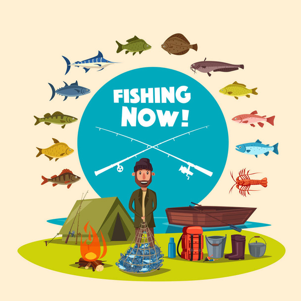 Στρατόπεδο αλιείας άνθρωπος Fisher και διανυσματικά μεγάλα ψάρια αλιευμάτων - Διάνυσμα, εικόνα