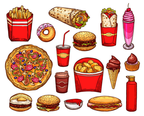 Fast food yemek sandviç, içki ve tatlı - Vektör, Görsel