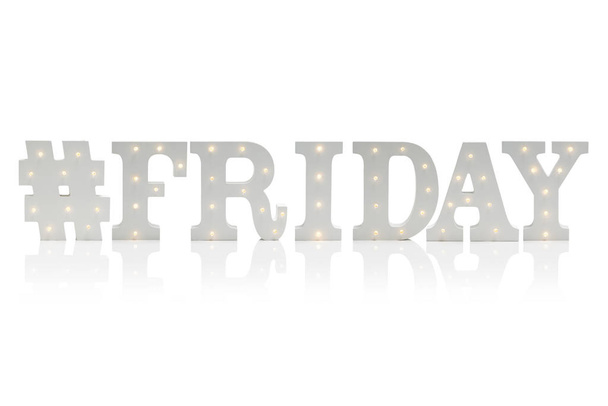 Verlichte decoratieve brieven Spelling van #Friday Over witte Backg - Foto, afbeelding