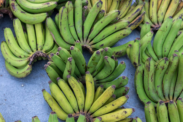 Green bananas on the traditional organic food market of Bali island, Indonesia. Tropical organic background. - Photo, Image