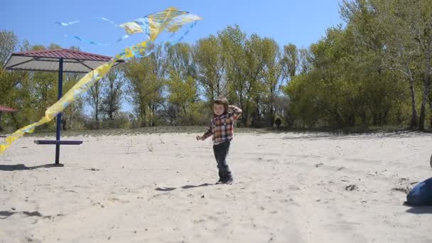 Μωρό με μαμά παίζοντας kite στην παραλία. - Πλάνα, βίντεο