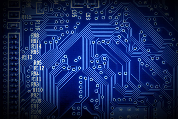 Fondo de tecnología de microchip moderno de una placa de circuito impreso, o PCB
 - Foto, Imagen