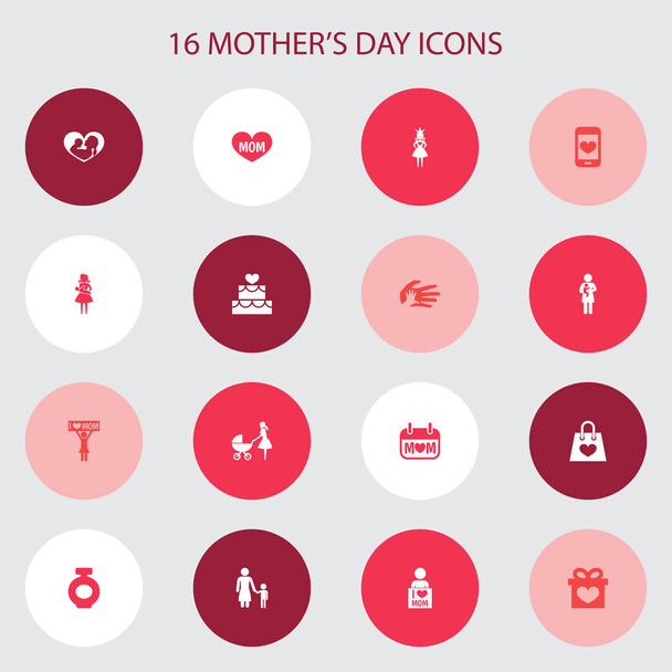 Äitienpäivä kuvake suunnittelu käsite. Joukko 16 kuten elementtejä kuten matkapuhelin, Paketti ja pikkulapsi. Kauniita symboleja loma, äiti ja nauha
. - Vektori, kuva