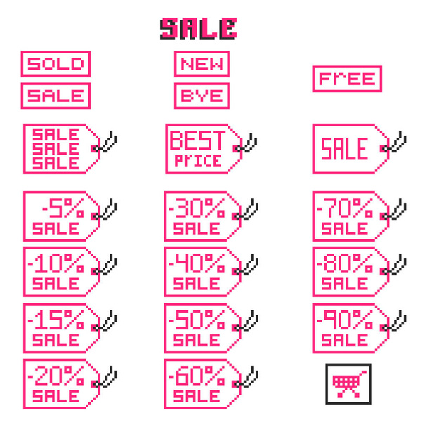 Sale tags set in pixel art style, on a white background. - Vector, Image