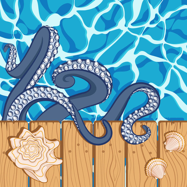 Marine summer background with water, shells and tentacles of an octopus - Vector, Imagen