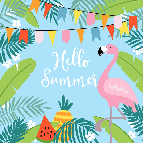 Hello Summer greeting card, invitation, invitations with hand drawn palm leaves, flowers, flamingo bird and party flags. Tropical jungle design. Vector illustration background. - Вектор,изображение