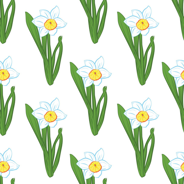 Naadloze patroon. Groen gras met blauwe narcissus bloemen dezelfde maten geïsoleerd op wit. Vectorillustratie - Vector, afbeelding