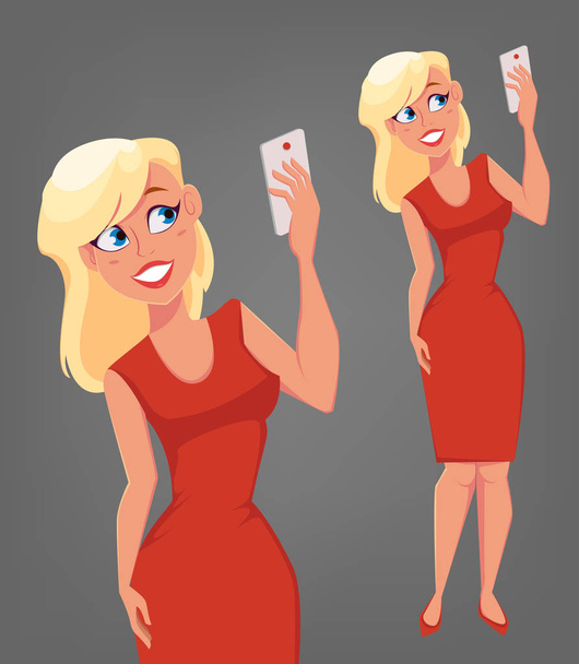 Krásná blondýnka s modrýma očima drží telefon a pořizování selfie. Roztomilé kreslené postavičky. Vektorové ilustrace. - Vektor, obrázek