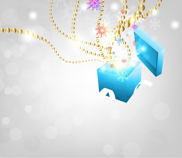 Open explore gift with fly snowflakes vector background. - Wektor, obraz