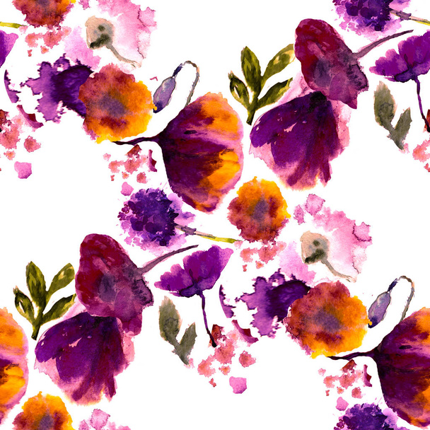 Seamless background pattern poppy, cornflowers, lily , camomile, roses with leaves and ladybird on white. Hand drawn - Photo, Image