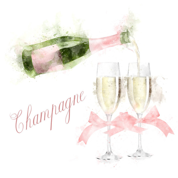 Vesiväri Champagne kuvitus
 - Valokuva, kuva