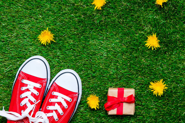 zapatos de goma deportivos rojos y caja de regalo
 - Foto, Imagen