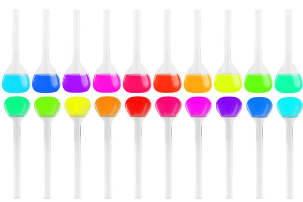 Тестовые трубки различных форм с разноцветными жидкостями изолированы на белом фоне. Медицина, химия. Горизонтальная рамка
 - Фото, изображение