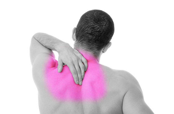 молодий чоловік тримає спину в болю, ізольований
 - Фото, зображення