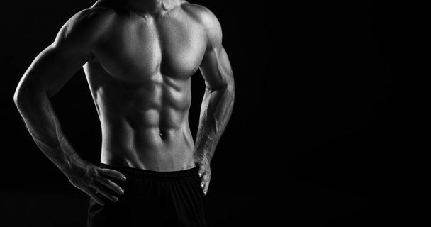 The torso of attractive male body builder on black background. - Foto, imagen