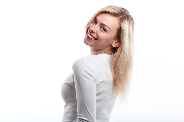 Beautiful woman smiling face close up studio on white. - Photo, Image