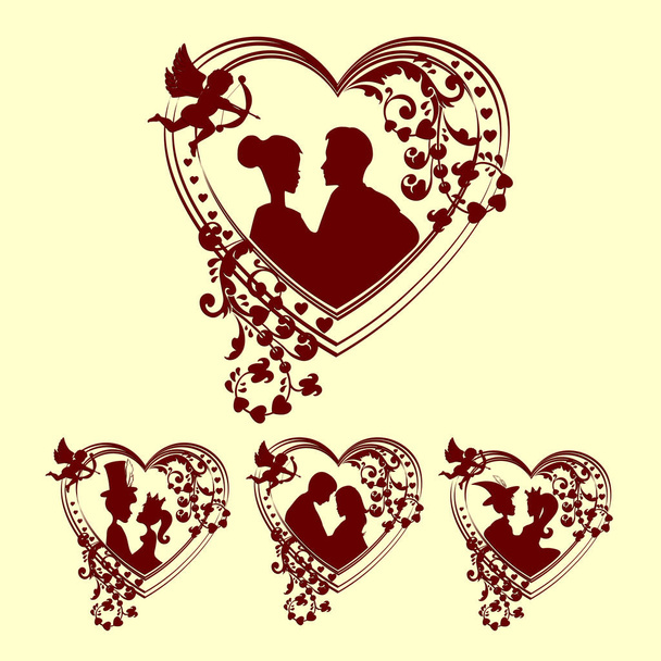 silhouettes of men and women inside the heart, retro set - Vector, Image