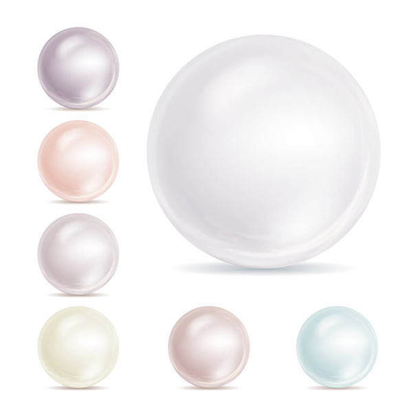 Realistic Pearls Isolated Vector. Set 3d Shiny Oyster Pearl Ball For Luxury Accessories. Sphere Shiny Sea Pearl Illustration - ベクター画像