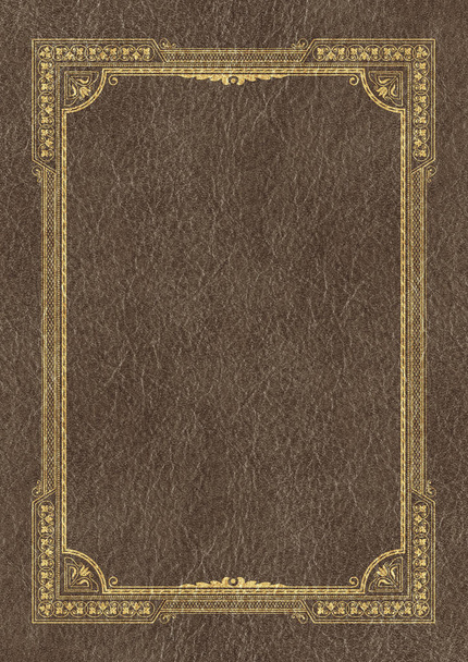 Template, background with a golden framework on piece of dark leather. A3 page proportions. - Photo, image