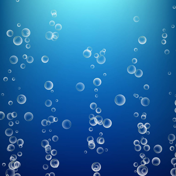 Mavi zemin üzerine su kabarcıkları. Okyanus derin. Daire ve sıvı, tasarım ışık. NET sabunlu parlak. Vektör çizim - Vektör, Görsel