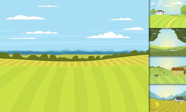 Village landscapes vector illustration farm house agriculture graphic countryside - Vector, Image